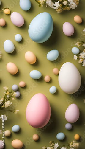 Colorful easter eggs and flowers on green background. flat lay