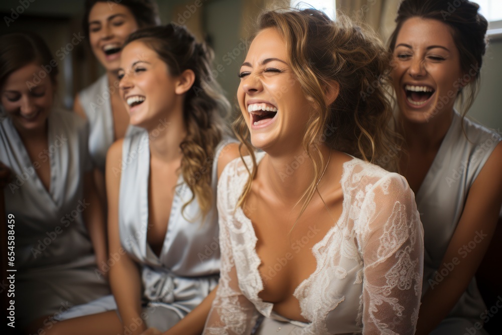 A candid shot of the bride and her bridesmaids sharing a laugh as they get ready in the bridal suite, showcasing the excitement and camaraderie of the day