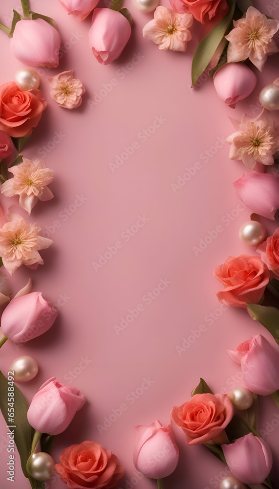 pink tulips and pearls on pink background with copy space