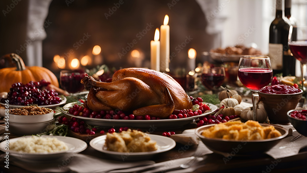 Thanksgiving dinner table with roasted turkey. cranberry. baked apples. pumpkins and candles.