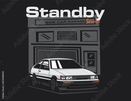 iconic 90s japan car illustration vector with garage background graphic