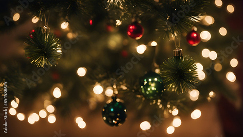 Christmas tree with ornaments and lights bokeh background.