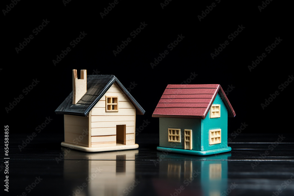 Vacation and Secondary Homes Mortgage Concept - Two Miniature Houses Against a Black Background - Created with Generative AI Tools Vacation and Secondary Homes Mortgage Concept - Two Miniature Houses Against a Black Background - Created with Generative AI Tools
