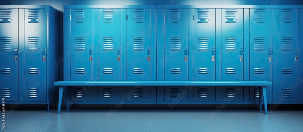 blue metal school student storage cabinets and bench in an empty change room - obrazy, fototapety, plakaty 