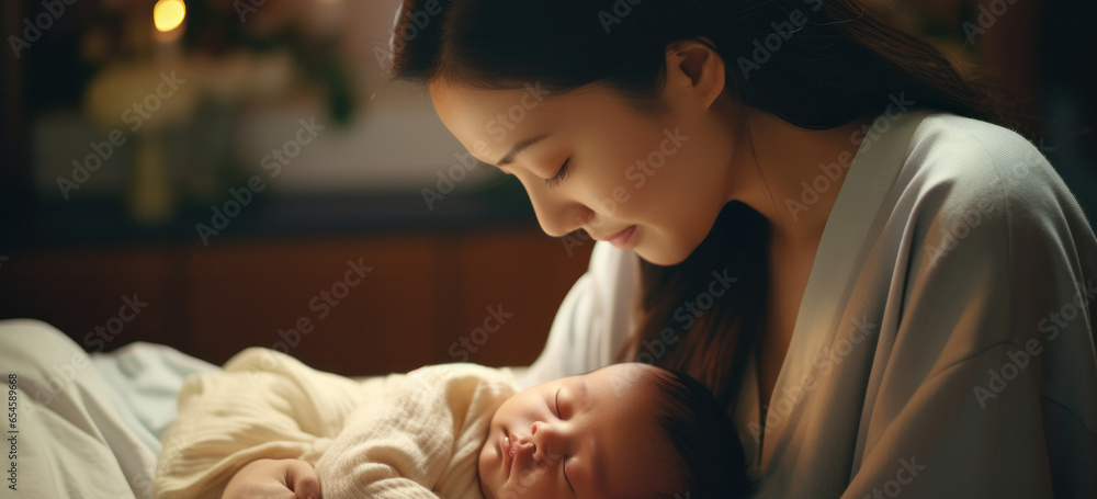 Asia Mother gently touches the baby. Happy, family, growth, pregnancy, enjoyment , newborn, take care, healthcare, tummy, pregnant, growth, pregnancy, stomach - obrazy, fototapety, plakaty 