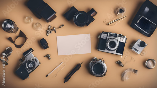 Flat lay photo of photographer equipment on beige background with copy space.