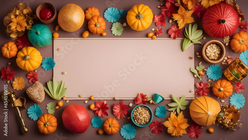 Autumn composition with pumpkins. leaves. seeds and blank card on pink background