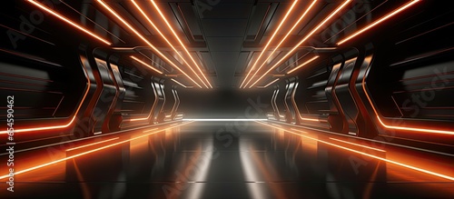 Sci Fi spaceship with neon lights in dark tunnel Glossy black corridor with empty showroom Fantastical CG concept