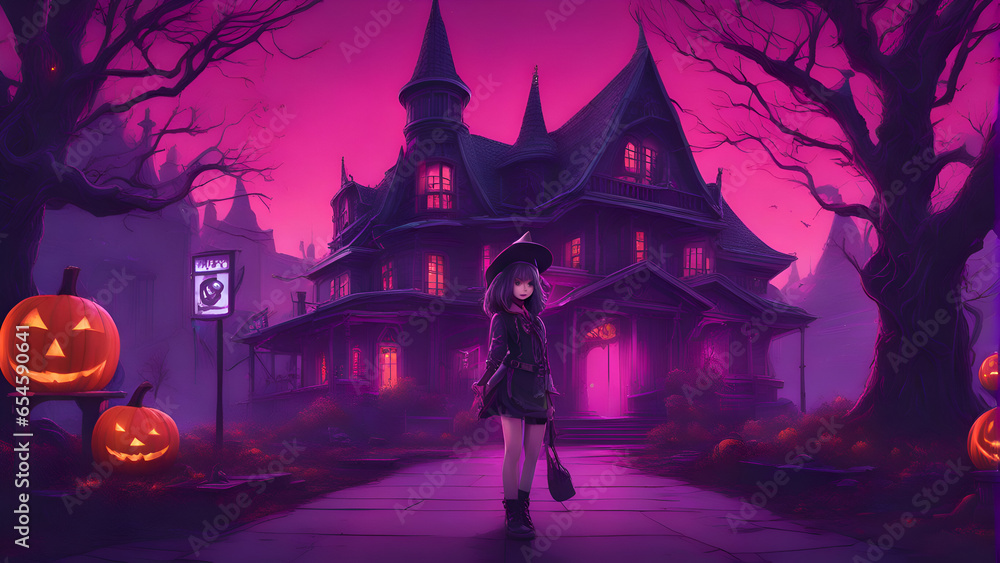 Halloween concept. Woman in witch costume and hat walking in front of haunted house.