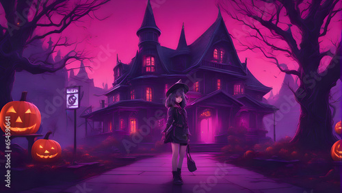 Halloween concept. Woman in witch costume and hat walking in front of haunted house.