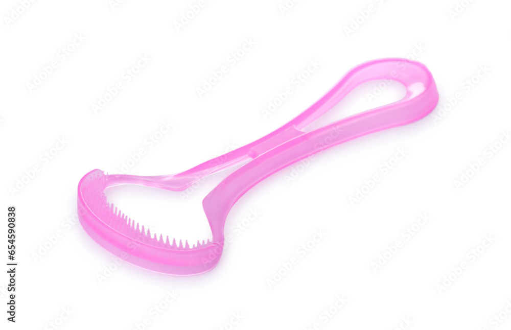 One pink tongue cleaner isolated on white. Dental care One pink tongue cleaner isolated on white. Dental care
