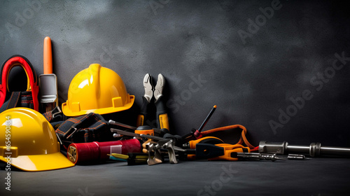 On a dark background, there are various useful tools that represent the concept of Labor Day