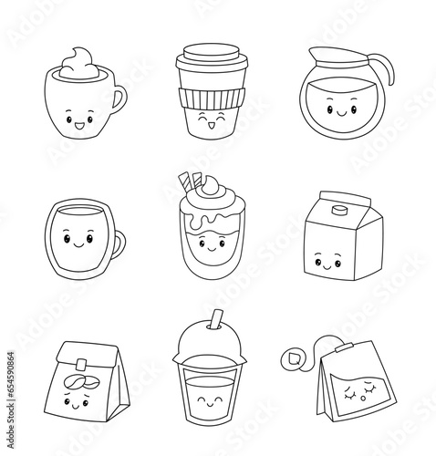 Cute kawaii character coffee tea. Coloring Page. Cartoon cup mug jug glass packaging bag. Vector drawing. Collection of design elements.