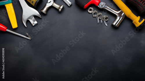 The image depicts an assortment of useful tools against a dark background, representing the concept of Labor Day