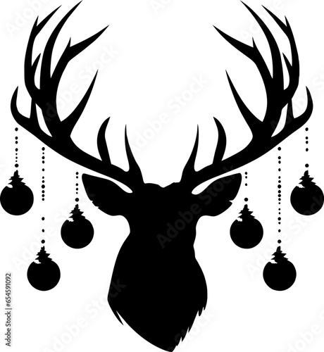Black silhouette of deer head with antlers and with christmas tree toy balls on horns. vector flat icon isolated on white background. Christmas card. AI generated illustration