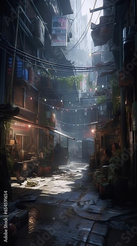 An alley in a cyberpunk city with neon lights. Generative AI. 