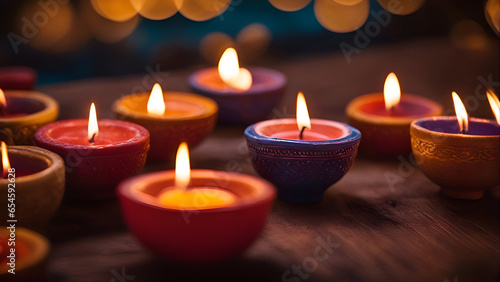 Diwali or Deepavali oil lamps lit during diwali celebration. Hindu traditional festival of lights. Selective focus