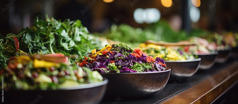 Fresh salad bar buffet at a restaurant offering healthy vegetarian food for lunch or dinner Catering and banquet services available - obrazy, fototapety, plakaty 