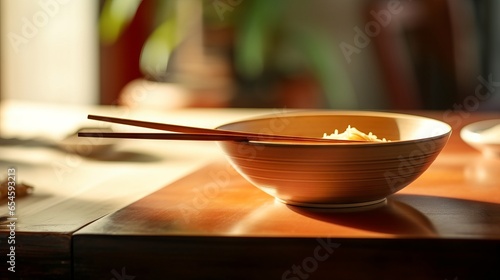 A bowl with chopsticks on a table with open copy space. Generative AI.  photo