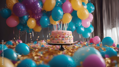 Birthday cake with colorful balloons and confetti on the background.