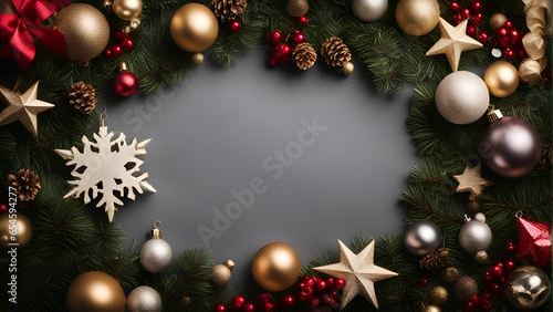 Christmas and New Year background with baubles. stars and pine branches