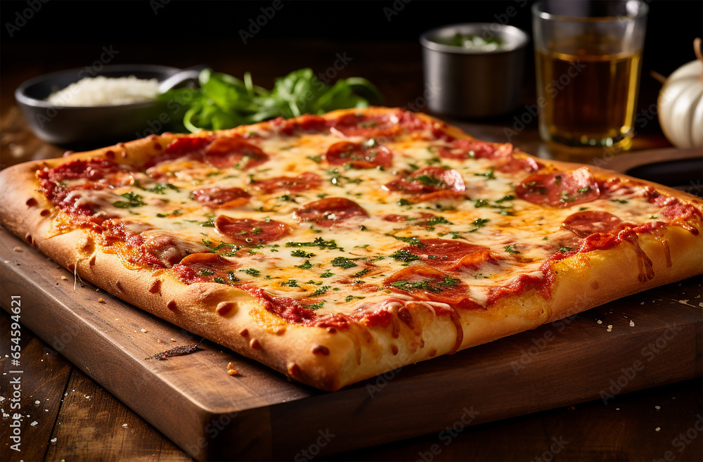 Sicilian Pizza made of thick, rectangular pizza with a crispy crust, topped with tomato sauce, cheese, and various toppings Sicilian Pizza made of thick, rectangular pizza with a crispy crust, topped with tomato sauce, cheese, and various toppings