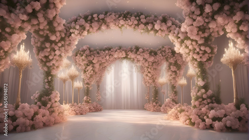 Wedding arch decorated with pink flowers. 3D rendering.