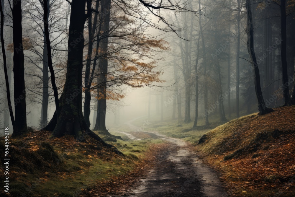 Obraz premium foggy forest with picturesque trees 