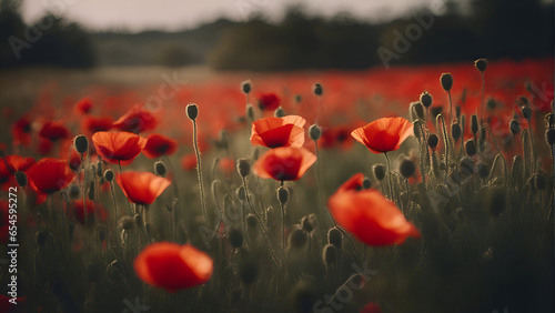 Red poppies in a field at sunset. Soft focus.