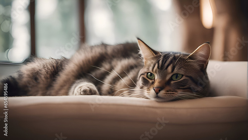 Siberian cat lying on the sofa and looking at the camera
