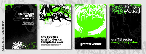 Graffiti poster or flyer design templates with colorful tags, grunge, scribblers and throw up. Hand-drawn abstract graffiti vector designs.