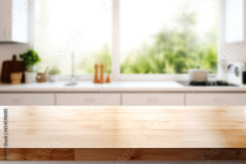 Empty wooden table top with blurred modern kitchen room background for product display montage