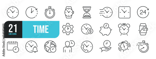 Set of line icons related to time, clock, calendar, timer. Outline icons collection. Editable stroke. Vector illustration.