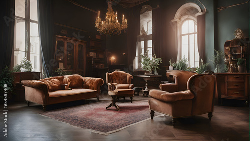 Luxury living room interior with leather armchairs and antique furniture