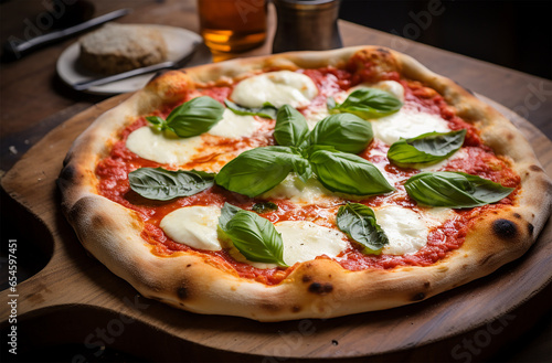Neapolitan pizza made of tomato sauce, mozzarella cheese, fresh basil, and olive oil