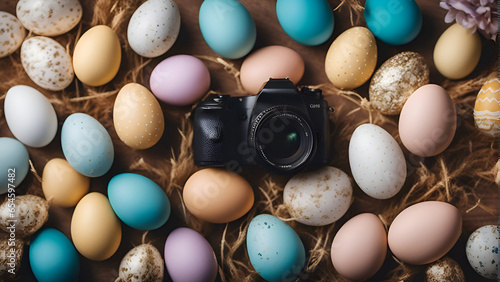Easter eggs and camera on rustic wooden background. top view photo