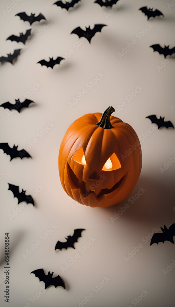 Halloween pumpkin and bats on a white background. Halloween concept.