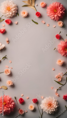 Flowers composition. Frame made of flowers on grey background. Flat lay. top view. copy space