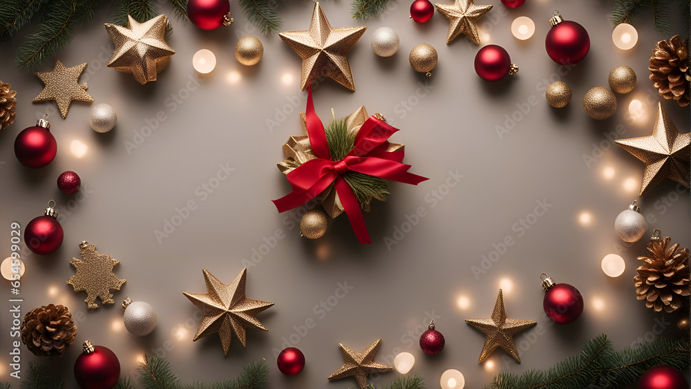 Christmas background with decorations and copy space. Top view. flat lay