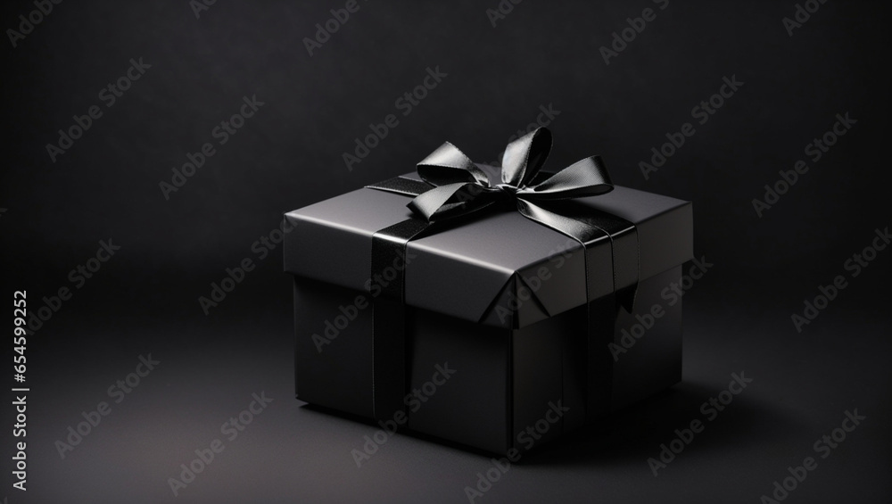 Obraz premium black gift box on black background Backdrop copy space. Black Friday Event