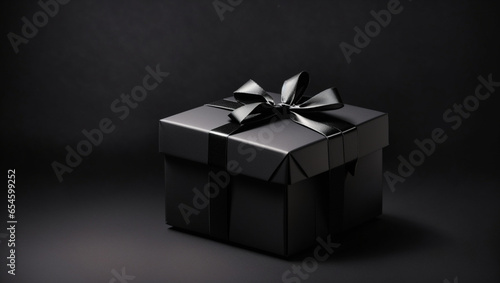 black gift box on black background Backdrop copy space. Black Friday Event