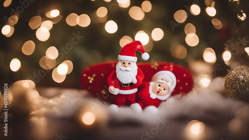 Santa Claus and baby on the background of a Christmas tree with lights © Waqar