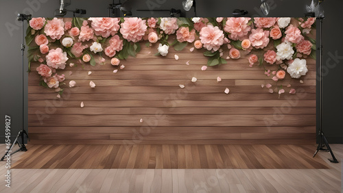 3D render of a modern interior with a wooden wall and flowers