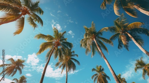 Upward gaze capturing a vast azure sky juxtaposed with towering palm fronds. The epitome of tropical serenity and summertime allure. Perfect for travel and vacation promotions.