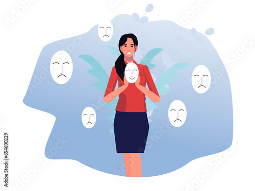 imposter syndrome, Girls trying on carnival masks with happy or sad expressions.