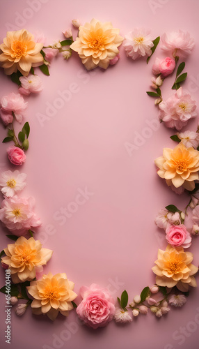 Frame made of flowers on pink background. Flat lay. top view.