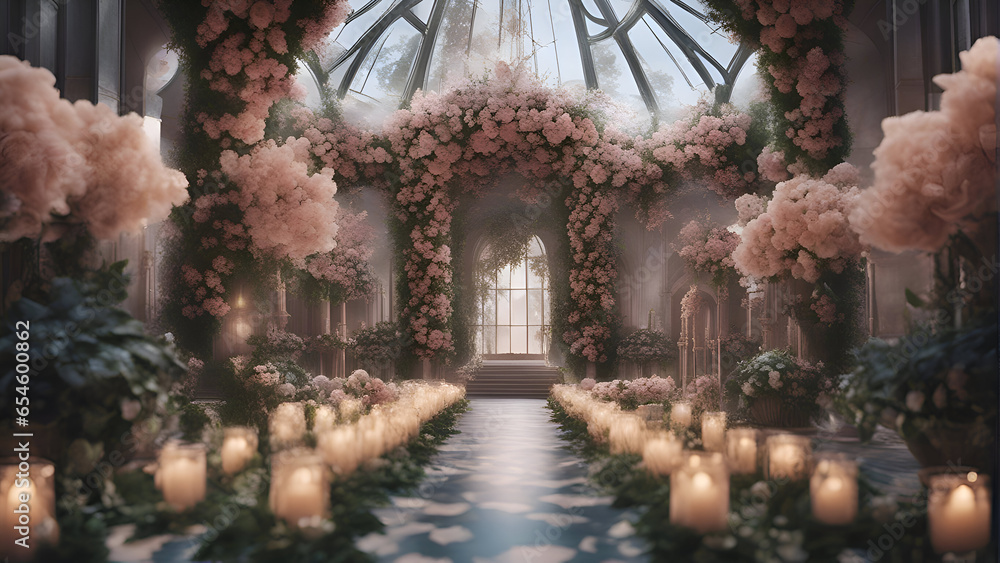 Wedding archway decorated with flowers and candles. 3d render