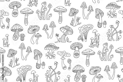 Mushrooms stylizes hippie retro seamless pattern. Poisonous psychedelic abstract mushrooms endless background, doodle linear style wrapper. Hippy magic fantastic fungus repeat ornament print