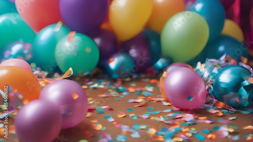 Colorful balloons and confetti on a wooden background with copy space