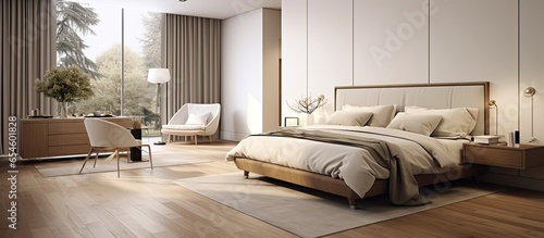 Master bedroom design featuring high end furniture wooden floors and modern carpet © TheWaterMeloonProjec